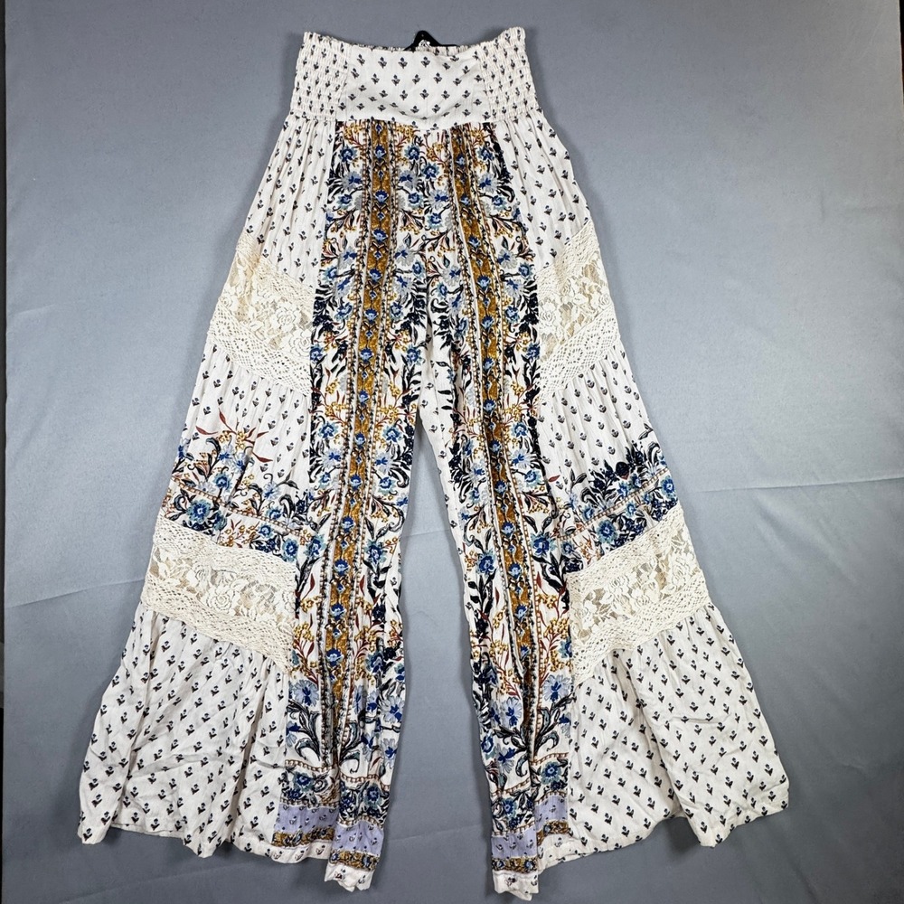 Angie Floral Palazzo Pants Sm Cream Blue Wide Leg Smocked Crochet Lace Boho NWT